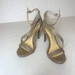 Jessica Simpson Gold Sparkle Fabric Ankle Strap Dress Sandals Size 5.5